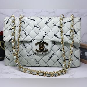 SOLD Chanel Rare Vintage Mint Blue Green Jumbo 34 Logomania Canvas Shoulder Bag